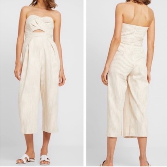 1 Topshop Cream Pinstripe Strapless Jumpsuit - Picture 2 of 7